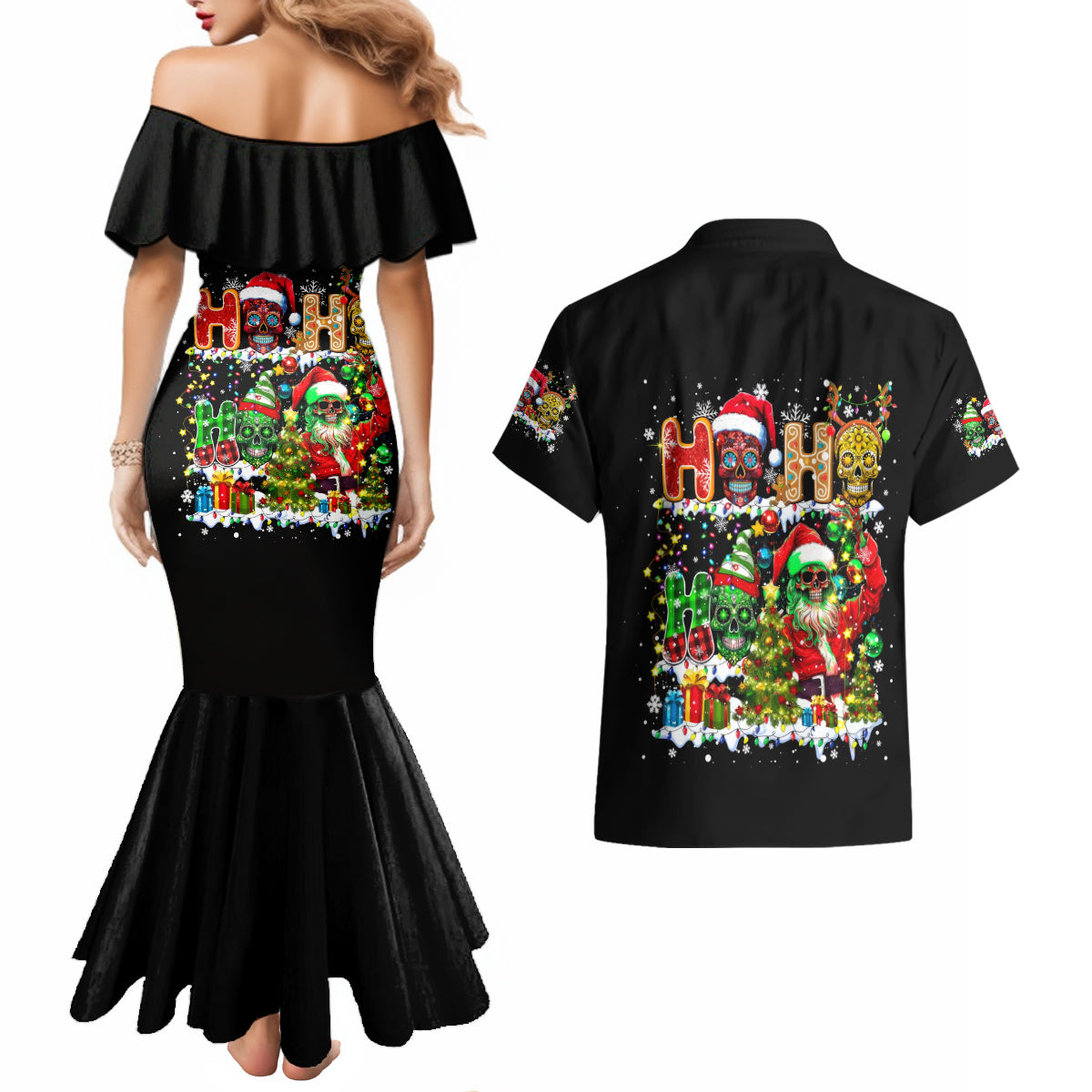 Skeleton Santa Claus Couples Matching Mermaid Dress and Hawaiian Shirt Sugar Santa Claus Ho Ho Ho - Wonder Print Shop
