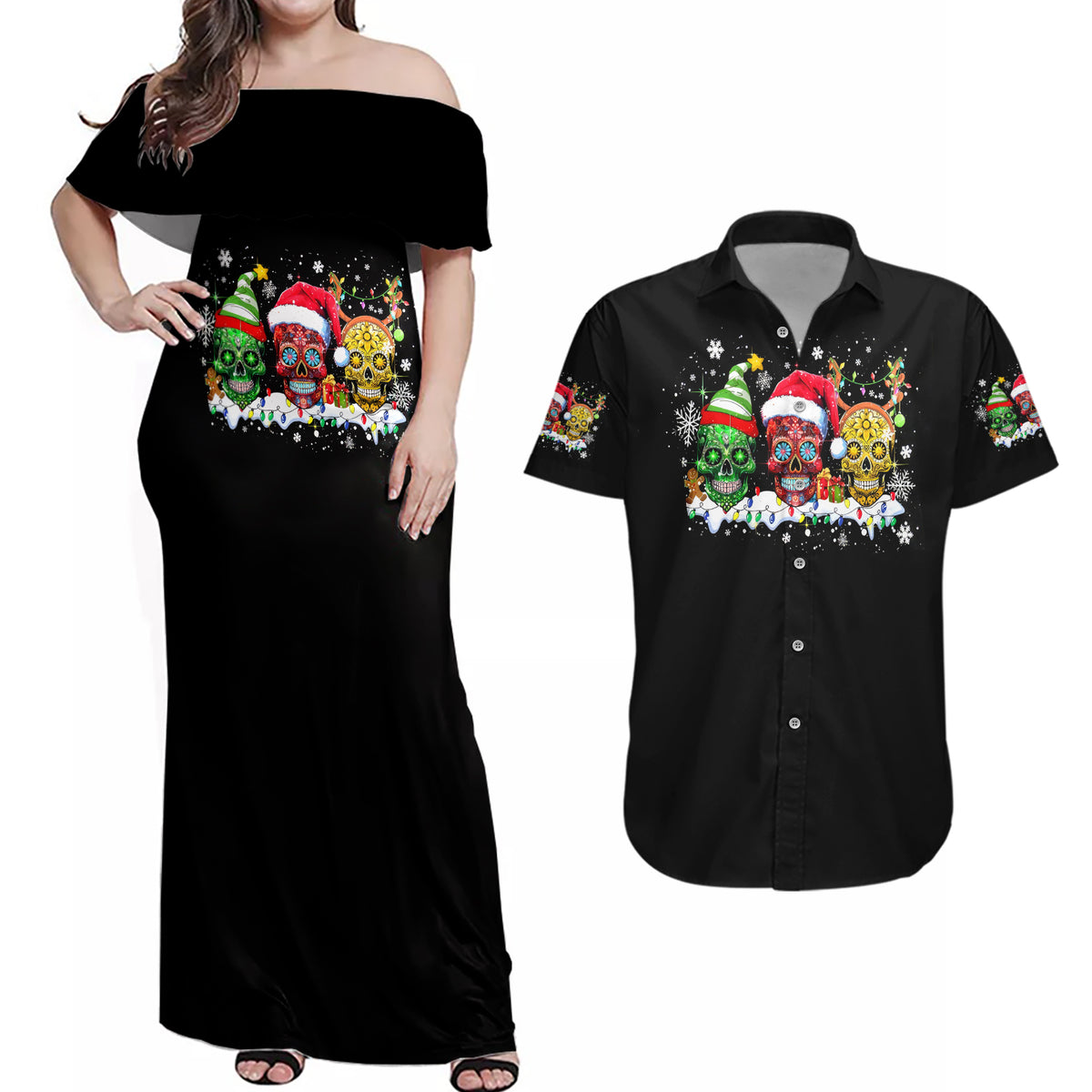 Skeleton Santa Claus Couples Matching Off Shoulder Maxi Dress and Hawaiian Shirt Sugar Santa Claus Ho Ho Ho - Wonder Print Shop