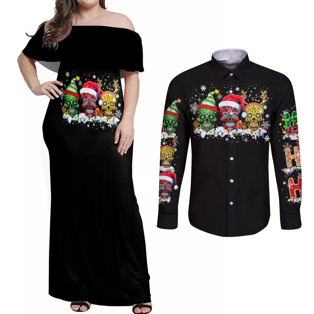 Skeleton Santa Claus Couples Matching Off Shoulder Maxi Dress and Long Sleeve Button Shirt Sugar Santa Claus Ho Ho Ho - Wonder Print Shop