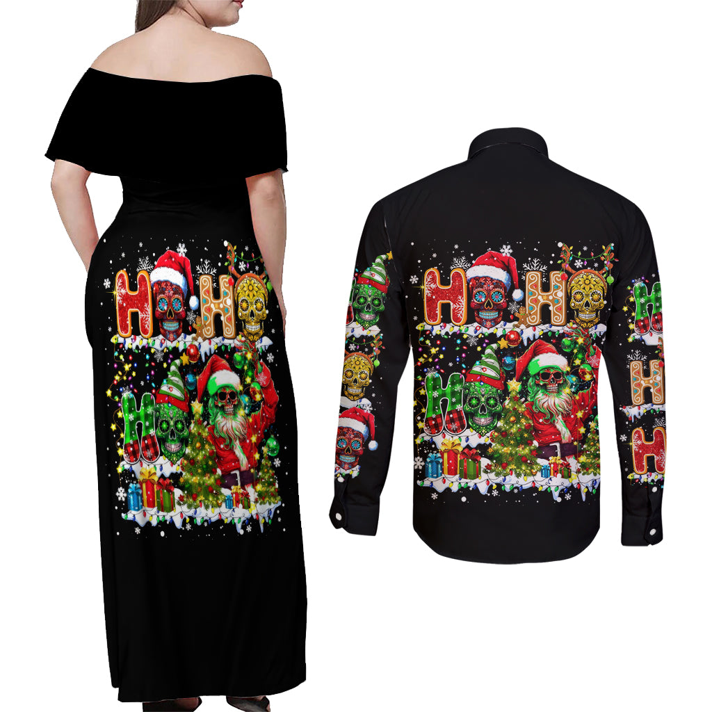 Skeleton Santa Claus Couples Matching Off Shoulder Maxi Dress and Long Sleeve Button Shirt Sugar Santa Claus Ho Ho Ho - Wonder Print Shop