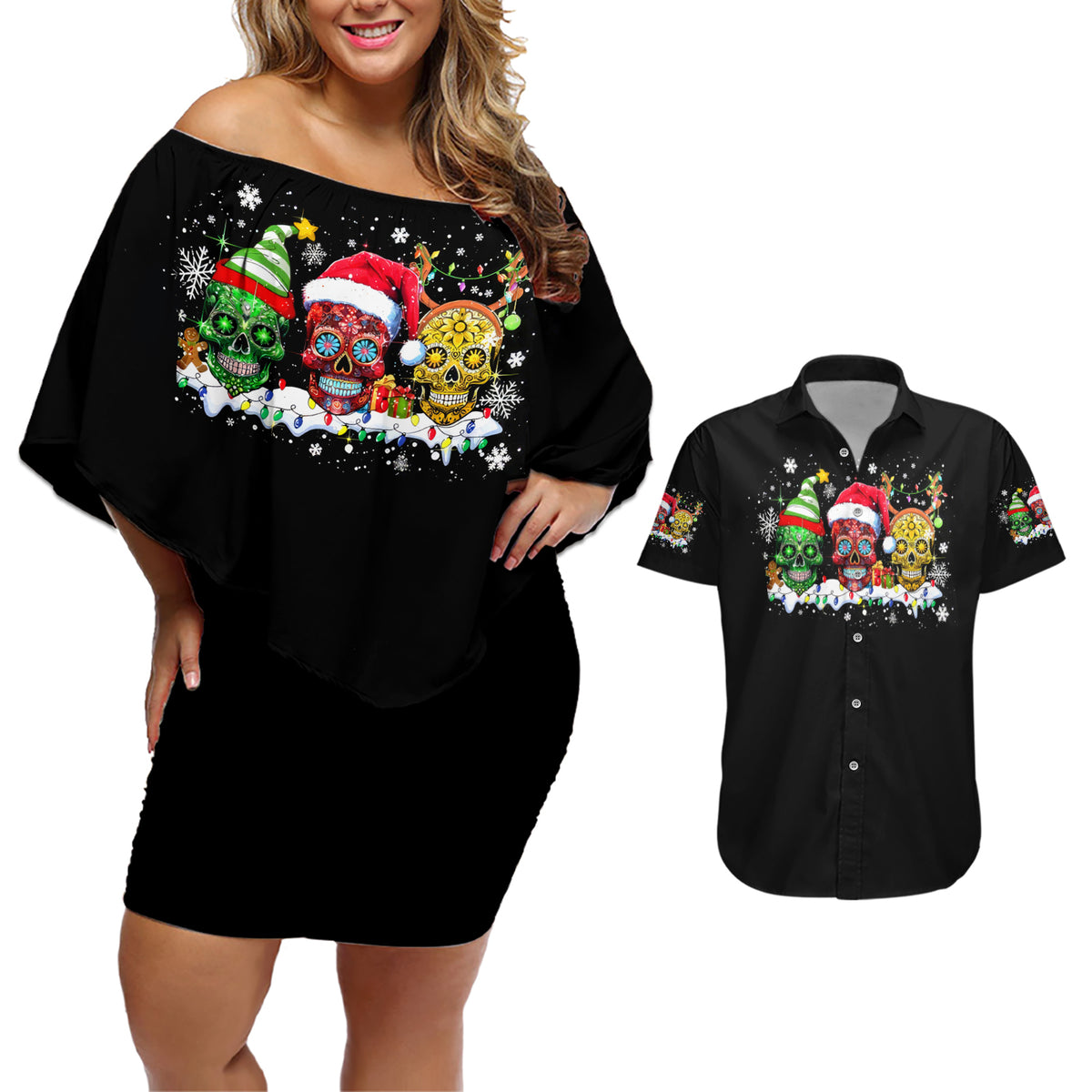 Skeleton Santa Claus Couples Matching Off Shoulder Short Dress and Hawaiian Shirt Sugar Santa Claus Ho Ho Ho - Wonder Print Shop
