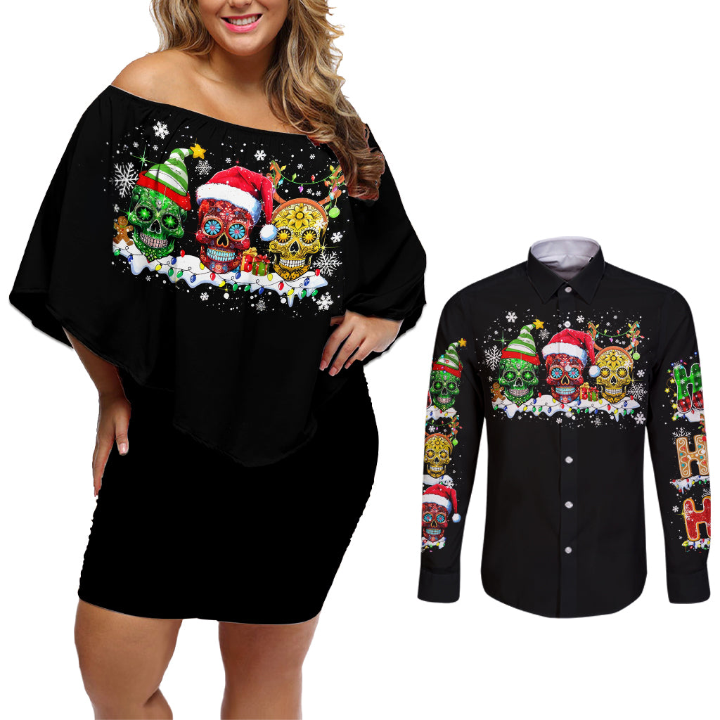Skeleton Santa Claus Couples Matching Off Shoulder Short Dress and Long Sleeve Button Shirt Sugar Santa Claus Ho Ho Ho - Wonder Print Shop