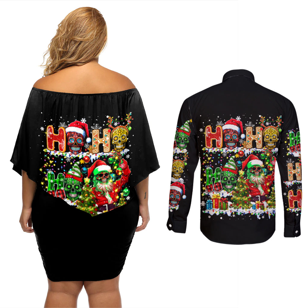 Skeleton Santa Claus Couples Matching Off Shoulder Short Dress and Long Sleeve Button Shirt Sugar Santa Claus Ho Ho Ho - Wonder Print Shop