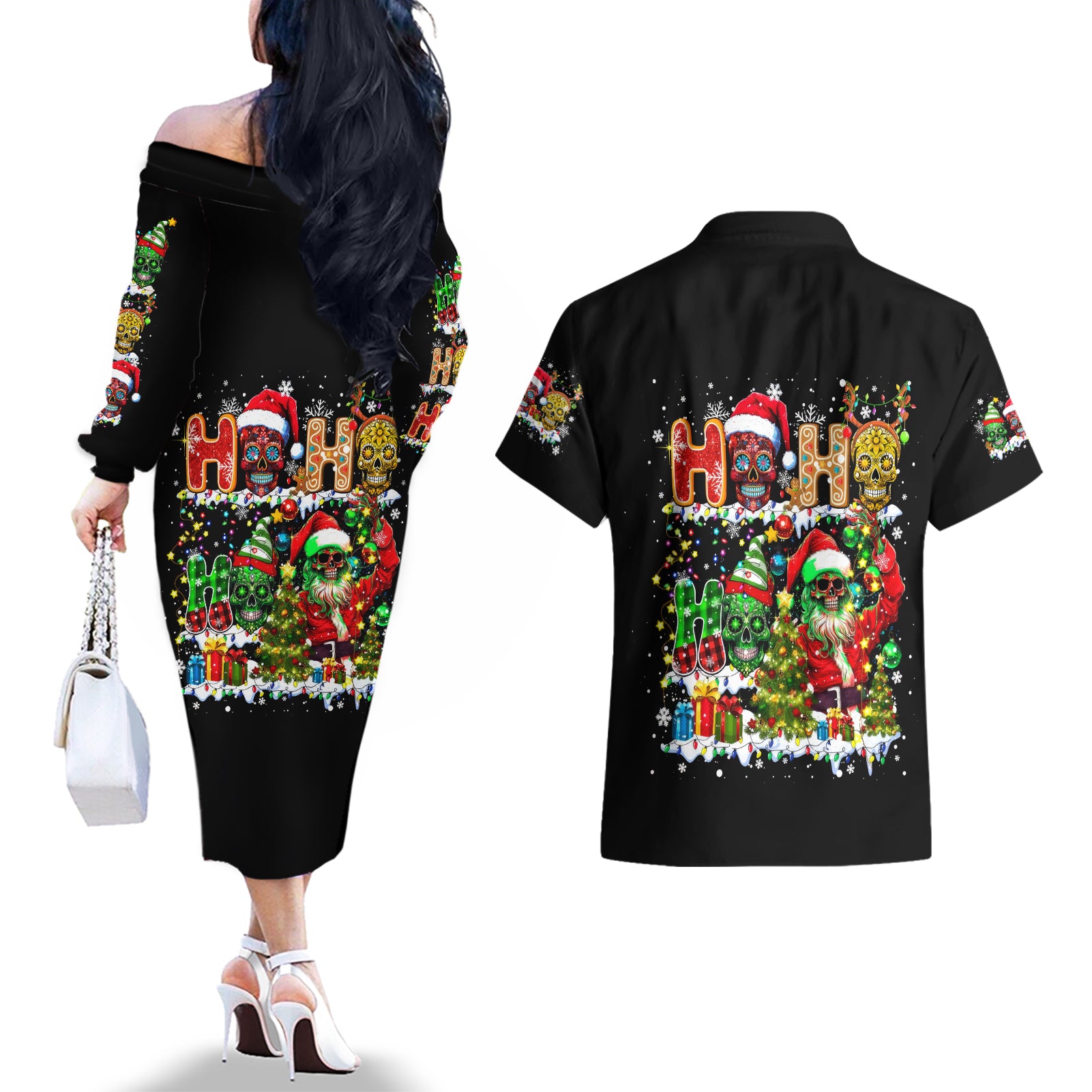 Skeleton Santa Claus Couples Matching Off The Shoulder Long Sleeve Dress and Hawaiian Shirt Sugar Santa Claus Ho Ho Ho - Wonder Print Shop