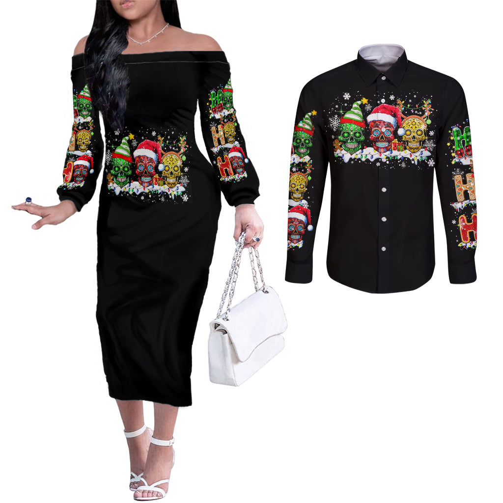 skeleton-santa-claus-couples-matching-off-the-shoulder-long-sleeve-dress-and-long-sleeve-button-shirt-sugar-santa-claus-ho-ho-ho