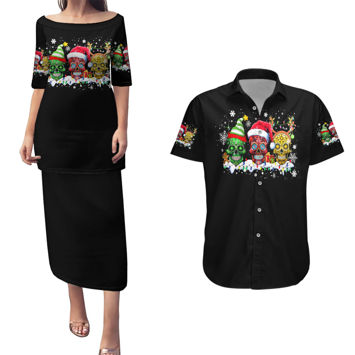 Skeleton Santa Claus Couples Matching Puletasi Dress and Hawaiian Shirt Sugar Santa Claus Ho Ho Ho - Wonder Print Shop