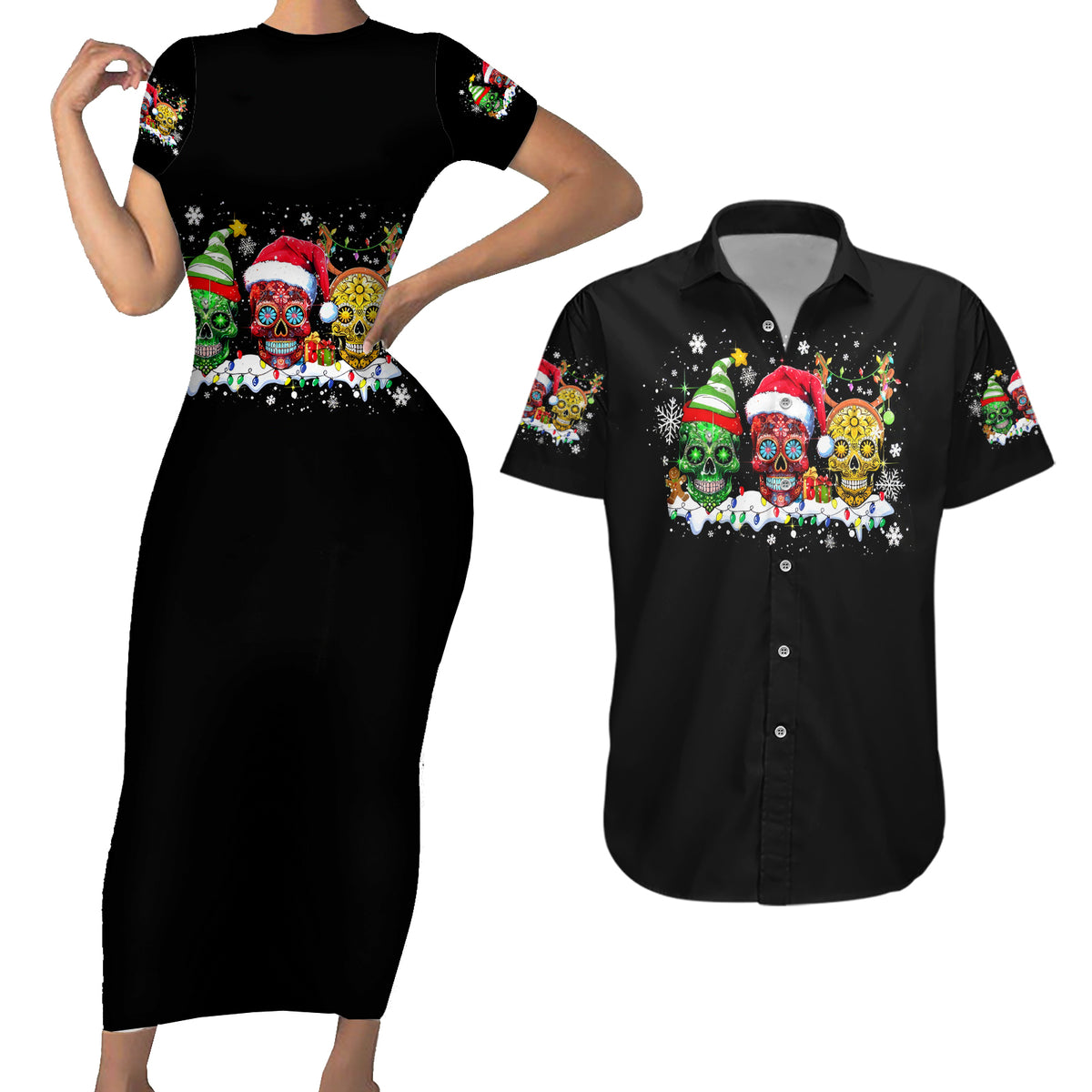 Skeleton Santa Claus Couples Matching Short Sleeve Bodycon Dress and Hawaiian Shirt Sugar Santa Claus Ho Ho Ho - Wonder Print Shop