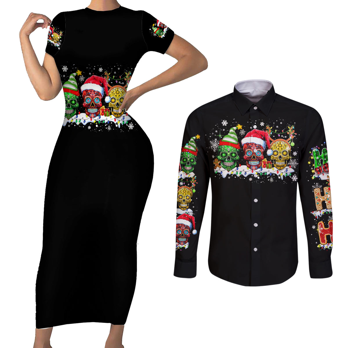 Skeleton Santa Claus Couples Matching Short Sleeve Bodycon Dress and Long Sleeve Button Shirt Sugar Santa Claus Ho Ho Ho - Wonder Print Shop