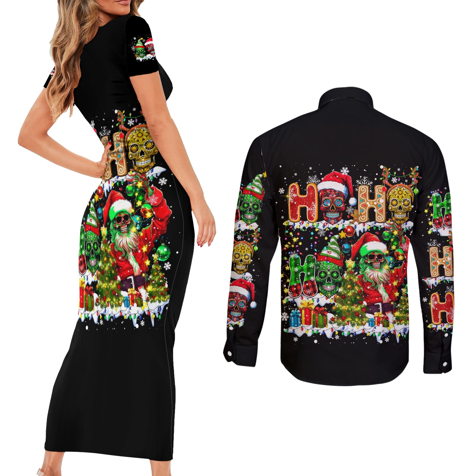 Skeleton Santa Claus Couples Matching Short Sleeve Bodycon Dress and Long Sleeve Button Shirt Sugar Santa Claus Ho Ho Ho - Wonder Print Shop