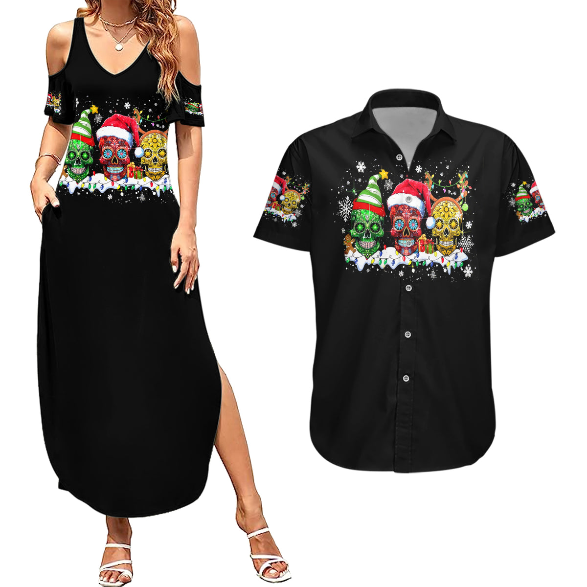 Skeleton Santa Claus Couples Matching Summer Maxi Dress and Hawaiian Shirt Sugar Santa Claus Ho Ho Ho - Wonder Print Shop