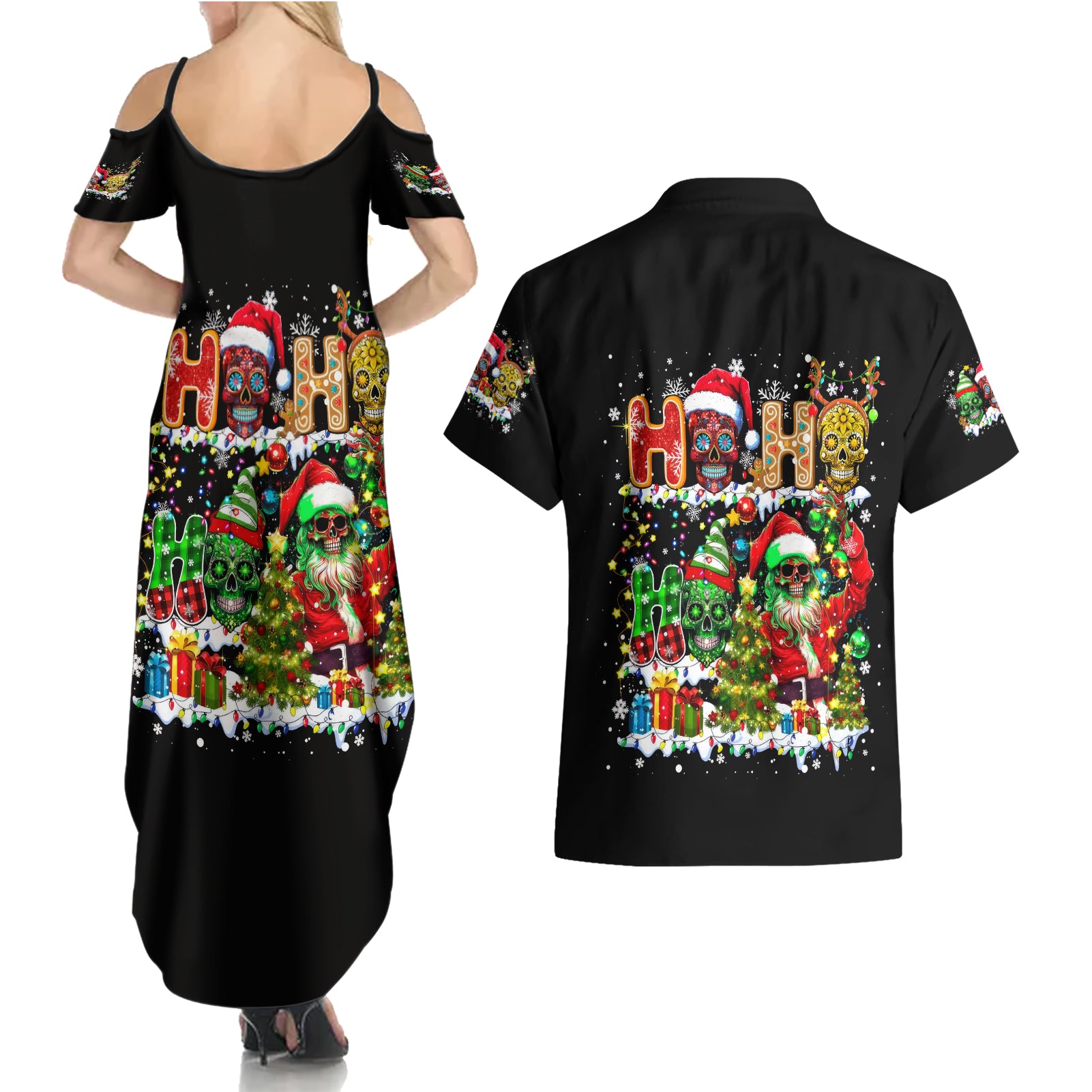 Skeleton Santa Claus Couples Matching Summer Maxi Dress and Hawaiian Shirt Sugar Santa Claus Ho Ho Ho - Wonder Print Shop
