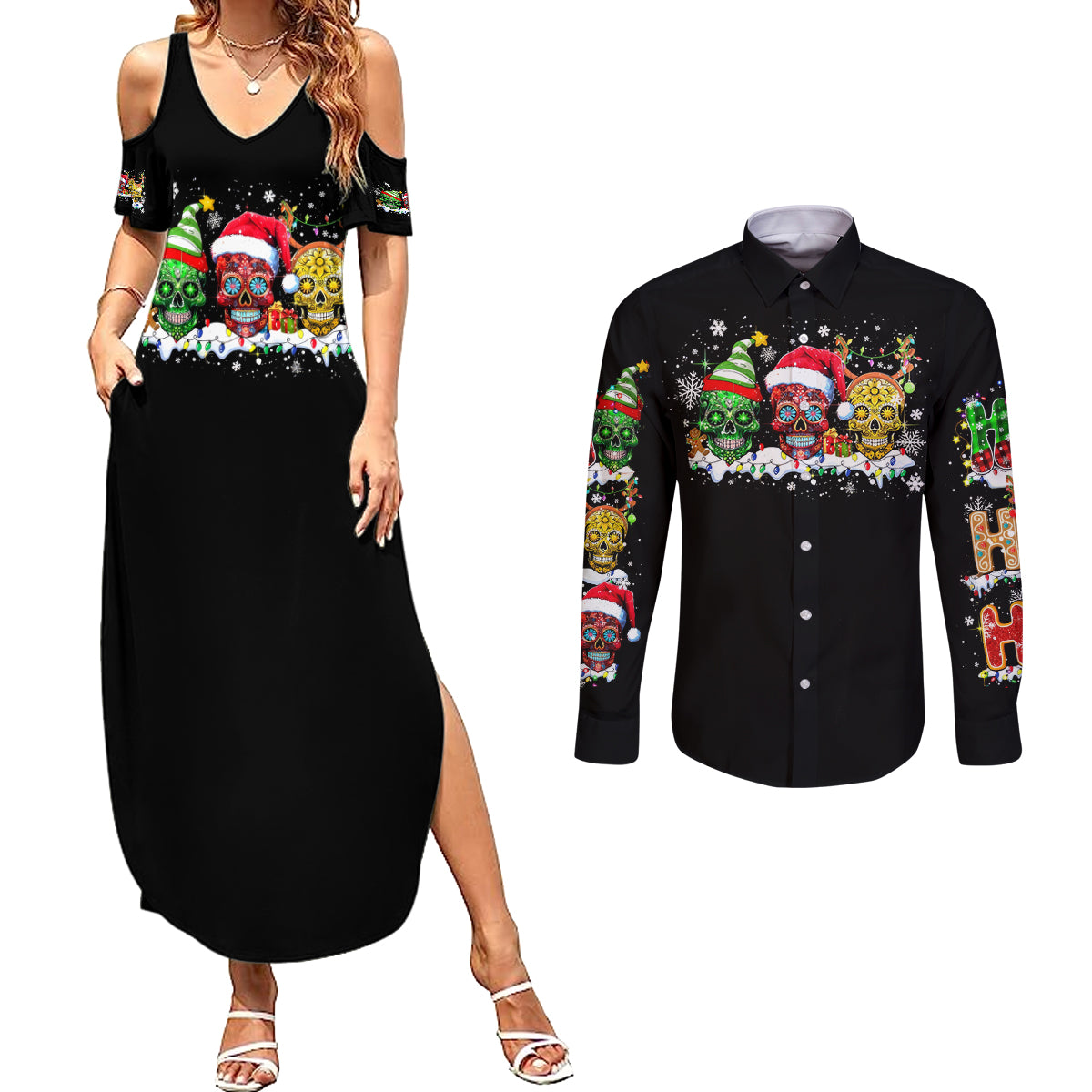 Skeleton Santa Claus Couples Matching Summer Maxi Dress and Long Sleeve Button Shirt Sugar Santa Claus Ho Ho Ho - Wonder Print Shop