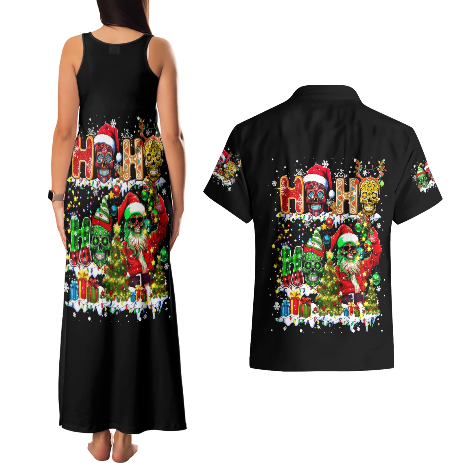 Skeleton Santa Claus Couples Matching Tank Maxi Dress and Hawaiian Shirt Sugar Santa Claus Ho Ho Ho - Wonder Print Shop