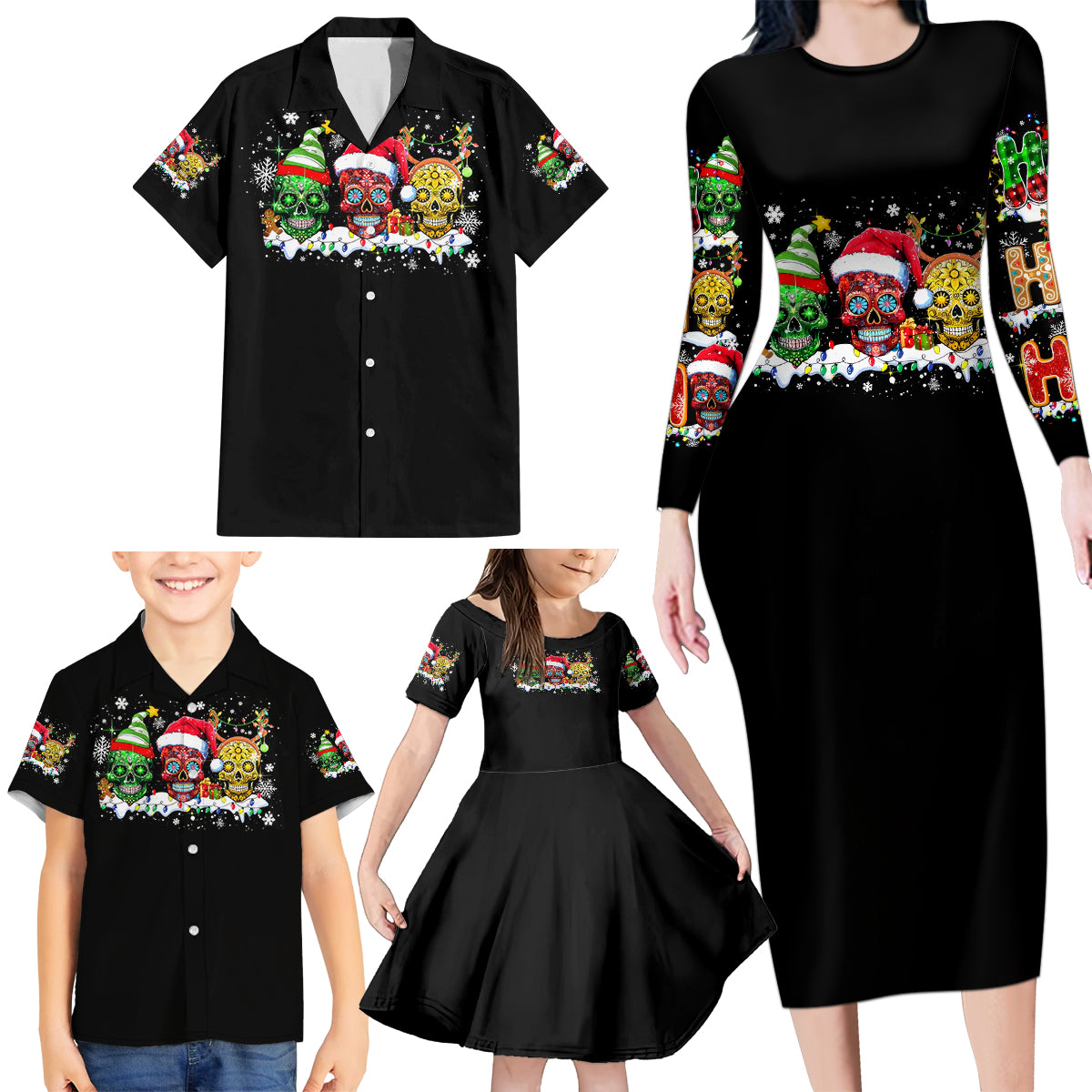 Skeleton Santa Claus Family Matching Long Sleeve Bodycon Dress and Hawaiian Shirt Sugar Santa Claus Ho Ho Ho - Wonder Print Shop