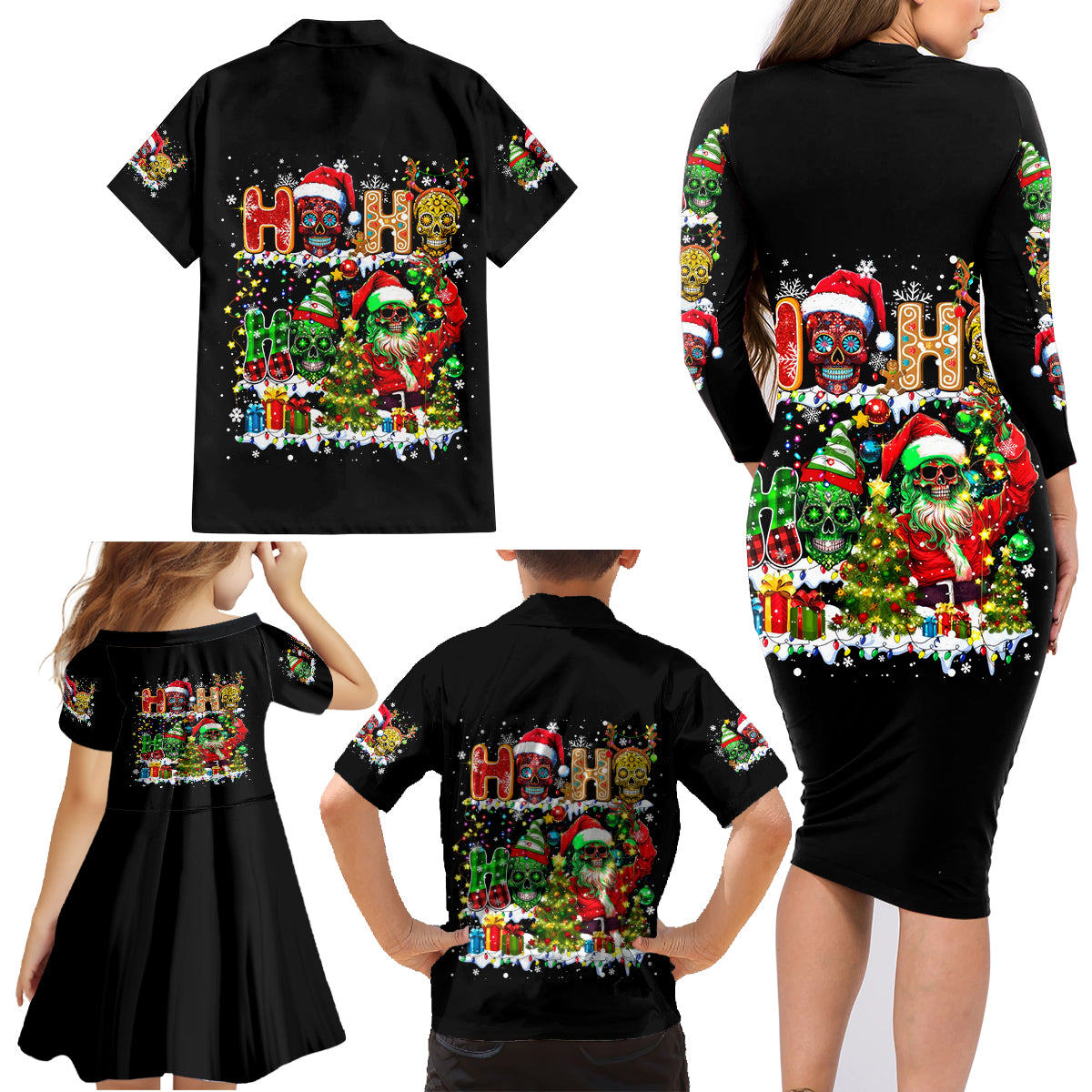 Skeleton Santa Claus Family Matching Long Sleeve Bodycon Dress and Hawaiian Shirt Sugar Santa Claus Ho Ho Ho - Wonder Print Shop
