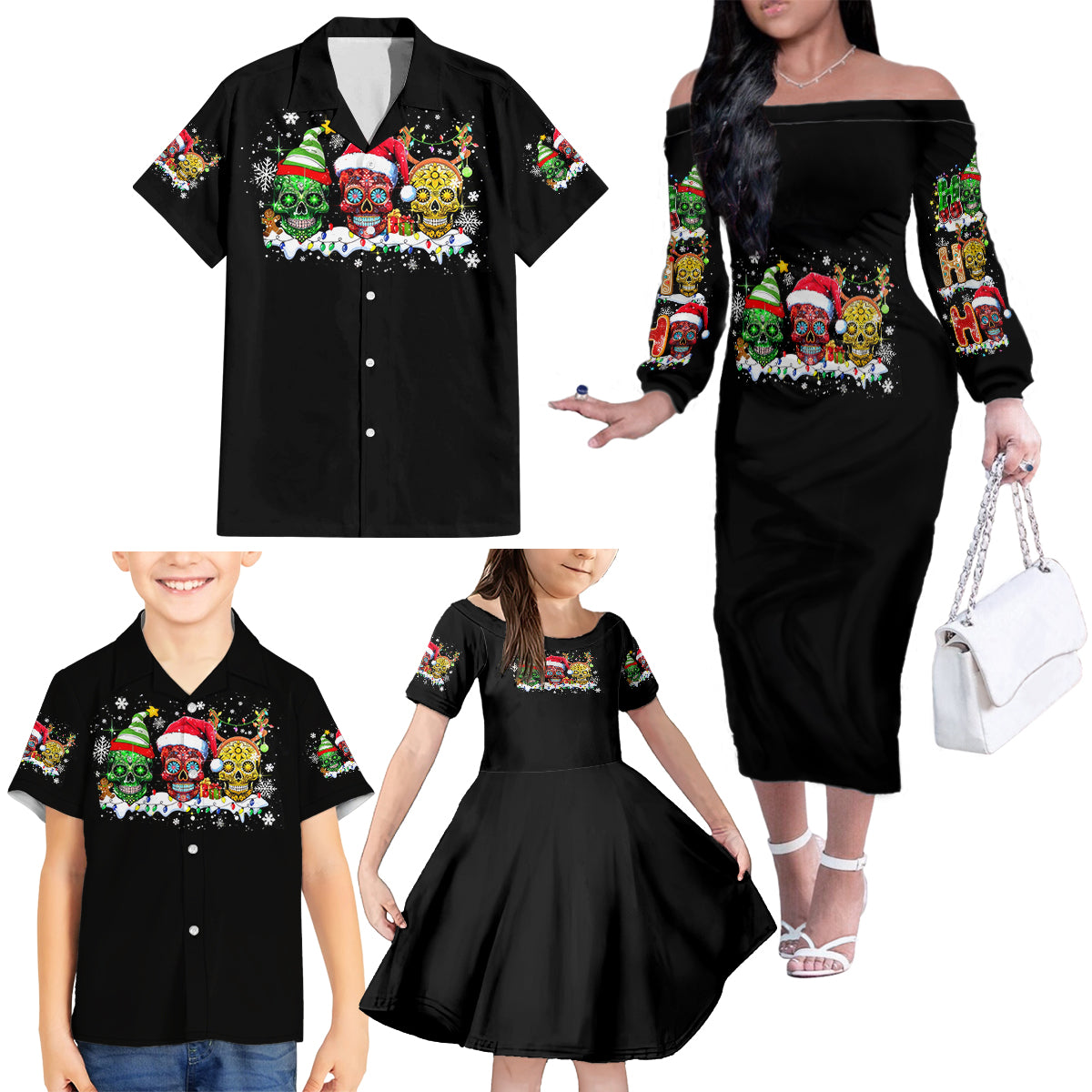 Skeleton Santa Claus Family Matching Off Shoulder Long Sleeve Dress and Hawaiian Shirt Sugar Santa Claus Ho Ho Ho - Wonder Print Shop