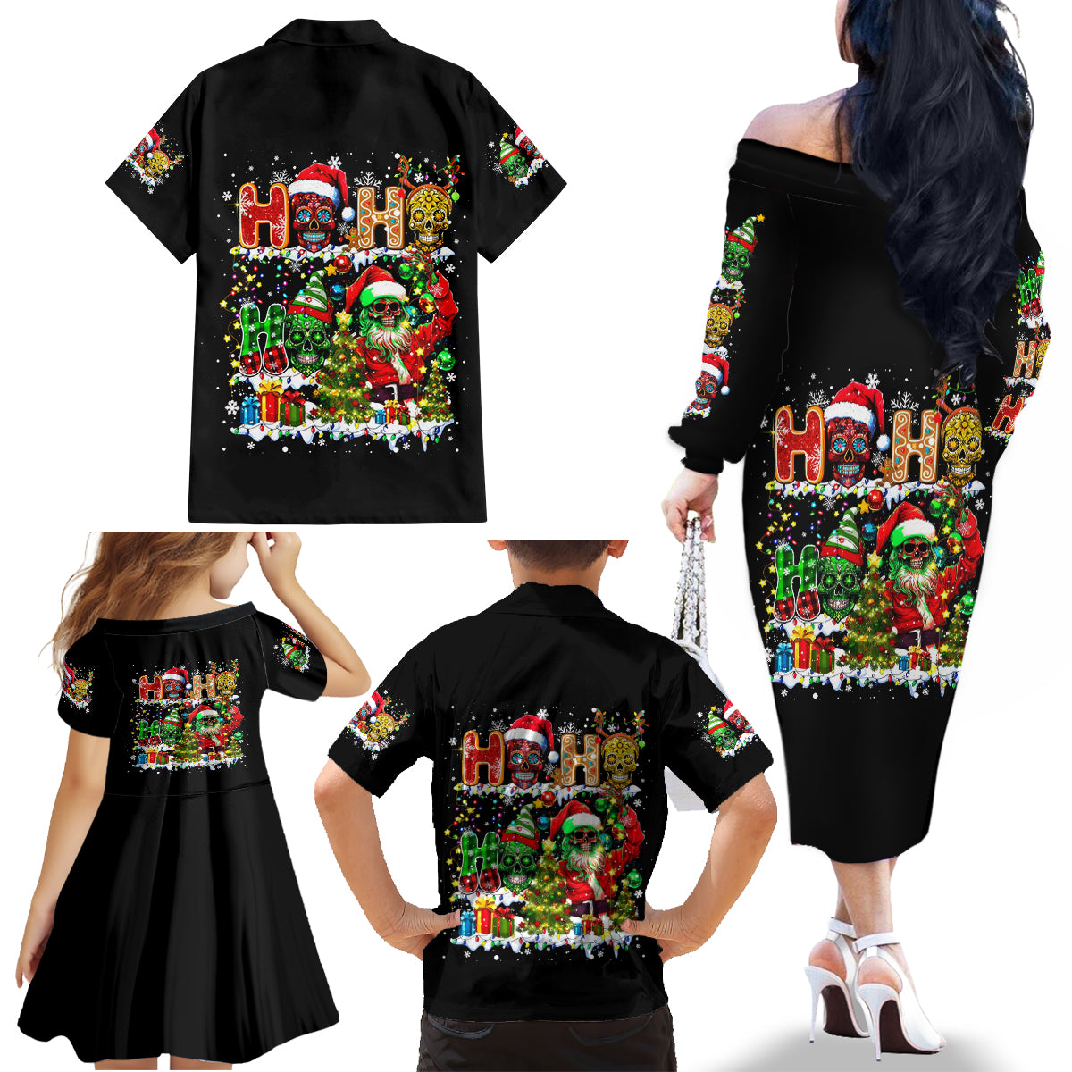 Skeleton Santa Claus Family Matching Off Shoulder Long Sleeve Dress and Hawaiian Shirt Sugar Santa Claus Ho Ho Ho - Wonder Print Shop