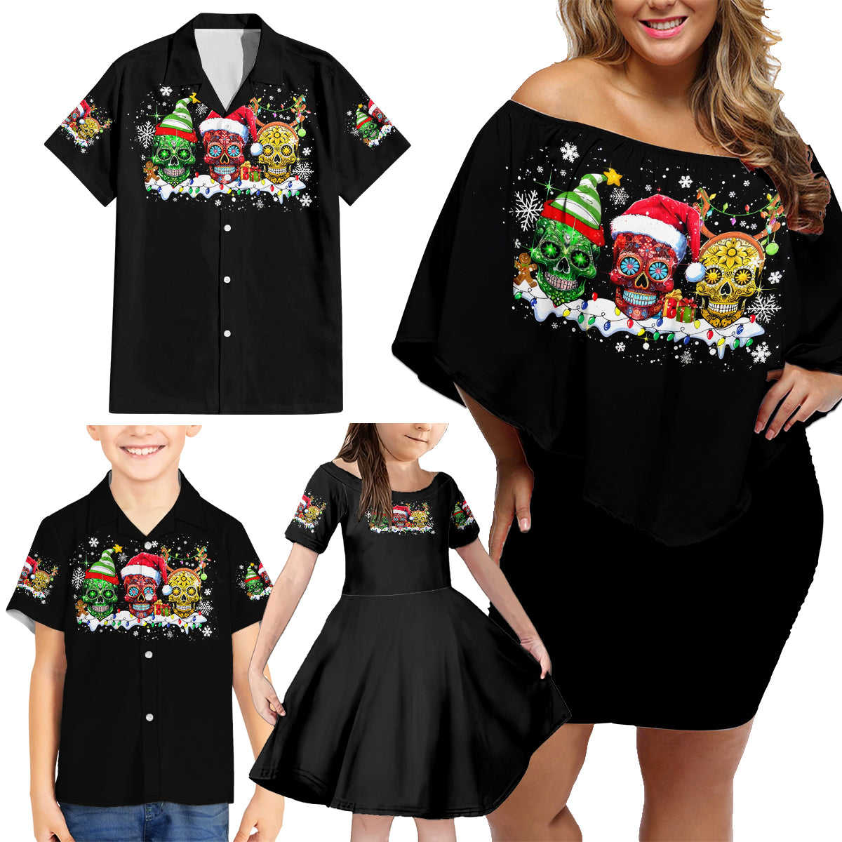 Skeleton Santa Claus Family Matching Off Shoulder Short Dress and Hawaiian Shirt Sugar Santa Claus Ho Ho Ho - Wonder Print Shop
