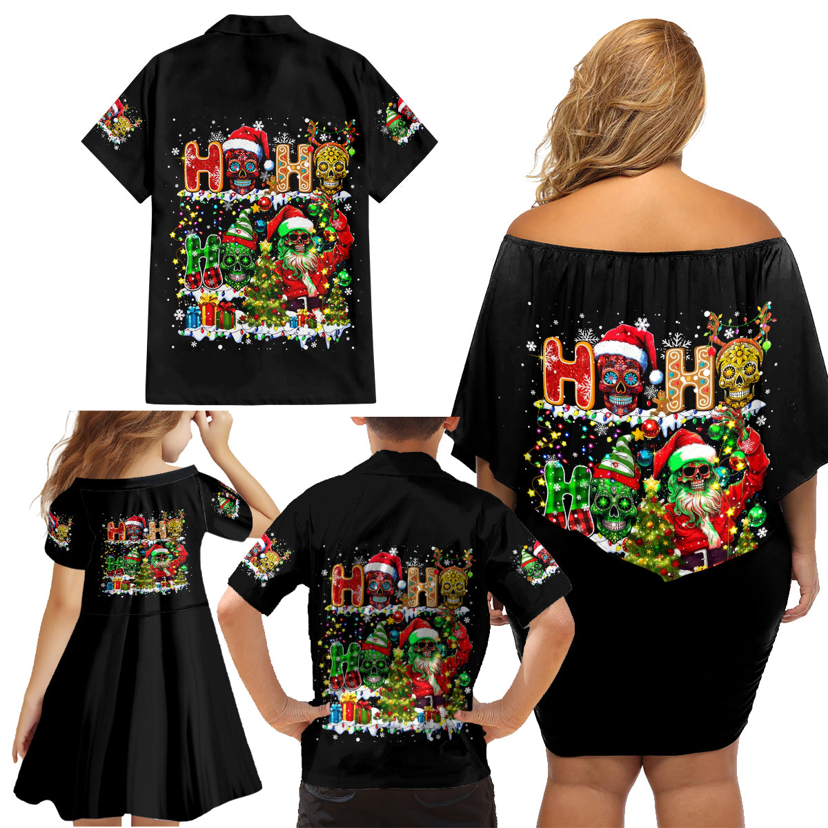 Skeleton Santa Claus Family Matching Off Shoulder Short Dress and Hawaiian Shirt Sugar Santa Claus Ho Ho Ho - Wonder Print Shop