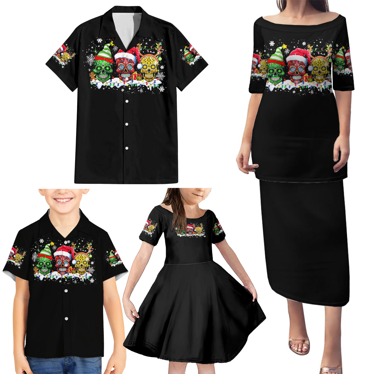 Skeleton Santa Claus Family Matching Puletasi Dress and Hawaiian Shirt Sugar Santa Claus Ho Ho Ho - Wonder Print Shop