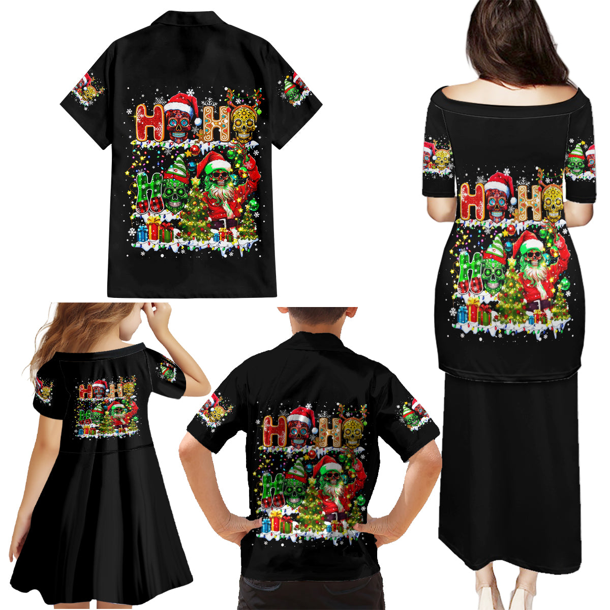 Skeleton Santa Claus Family Matching Puletasi Dress and Hawaiian Shirt Sugar Santa Claus Ho Ho Ho - Wonder Print Shop
