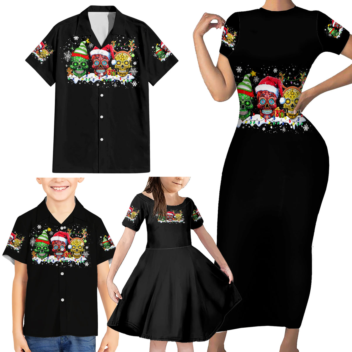Skeleton Santa Claus Family Matching Short Sleeve Bodycon Dress and Hawaiian Shirt Sugar Santa Claus Ho Ho Ho - Wonder Print Shop