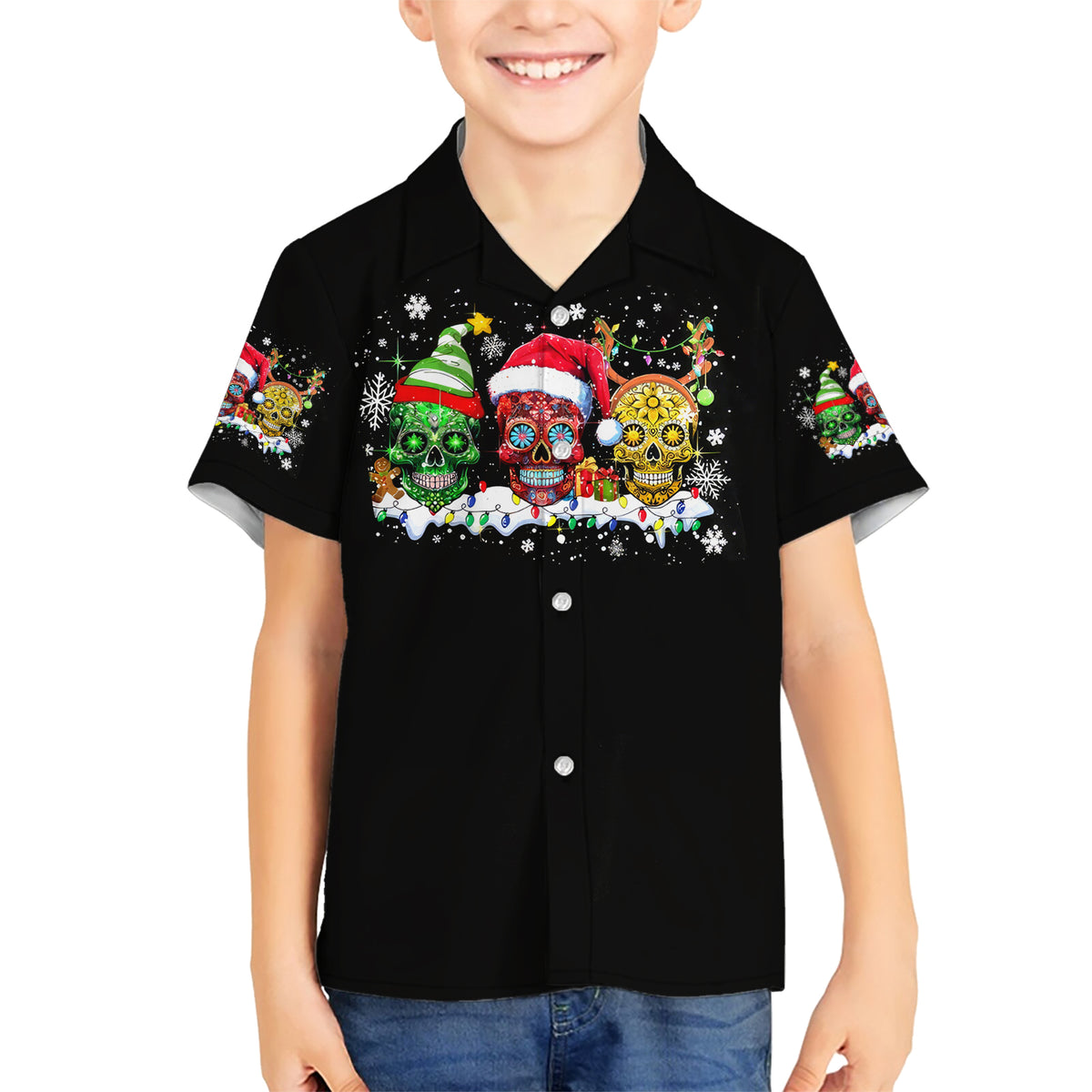 Skeleton Santa Claus Family Matching Short Sleeve Bodycon Dress and Hawaiian Shirt Sugar Santa Claus Ho Ho Ho - Wonder Print Shop