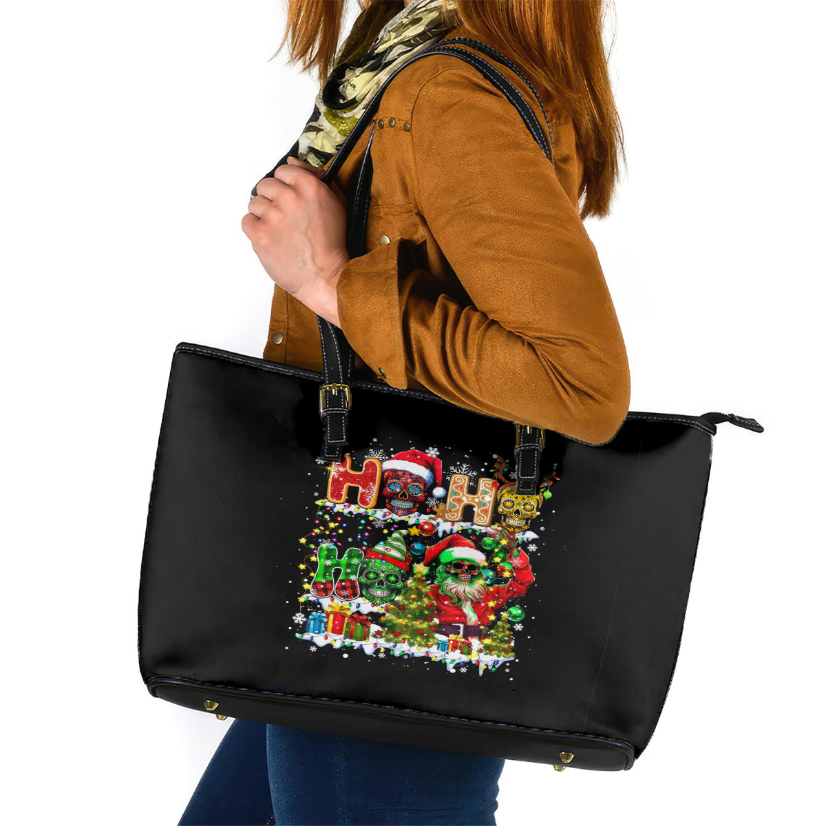Skeleton Santa Claus Leather Tote Bag Sugar Santa Claus Ho Ho Ho - Wonder Print Shop
