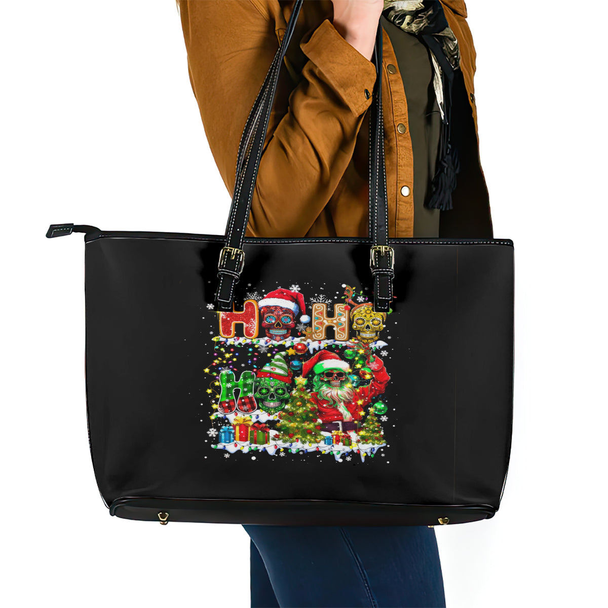 Skeleton Santa Claus Leather Tote Bag Sugar Santa Claus Ho Ho Ho - Wonder Print Shop