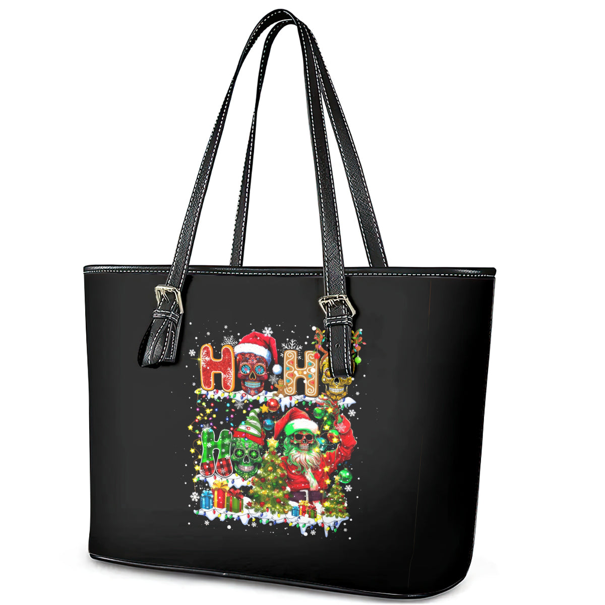 Skeleton Santa Claus Leather Tote Bag Sugar Santa Claus Ho Ho Ho - Wonder Print Shop