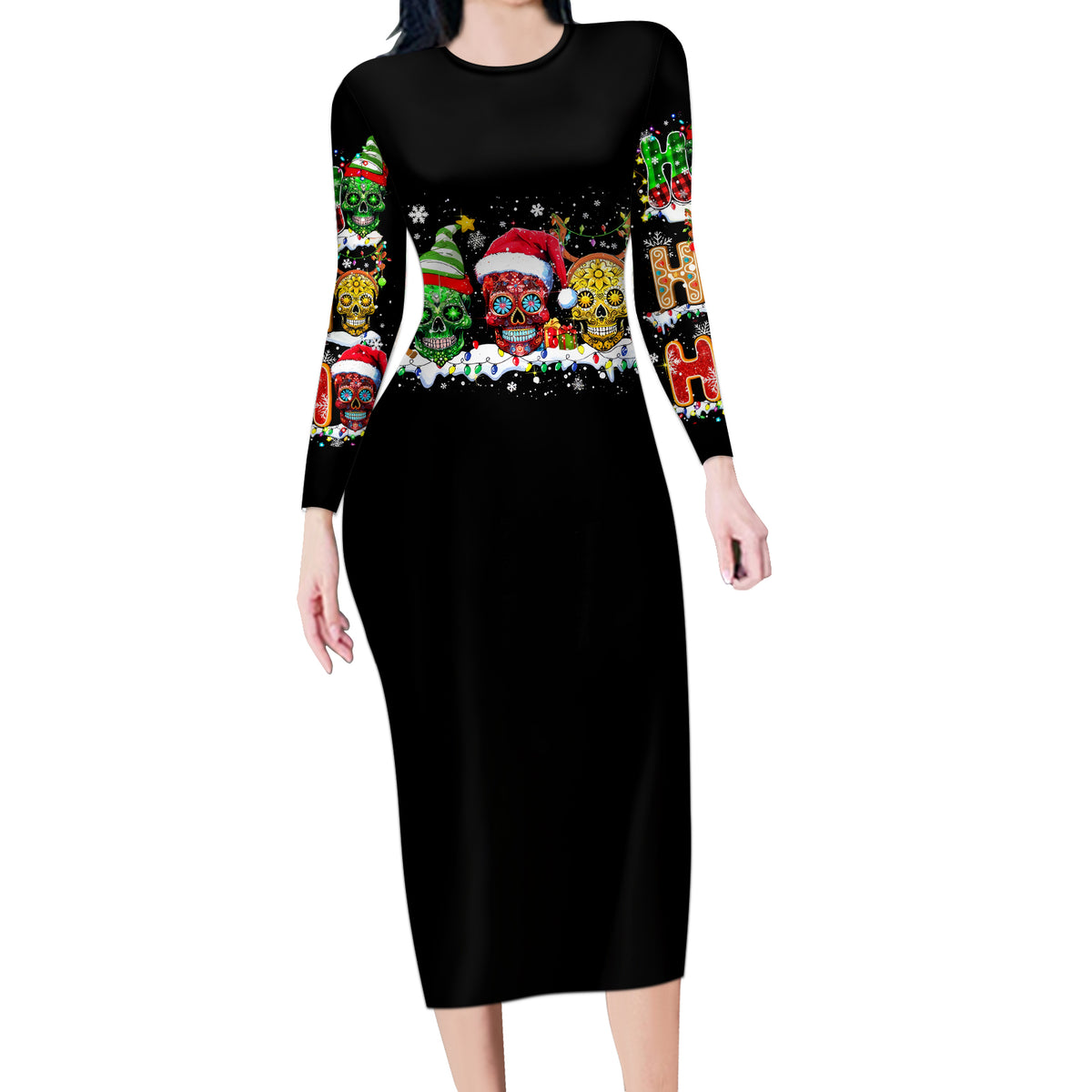 Skeleton Santa Claus Long Sleeve Bodycon Dress Sugar Santa Claus Ho Ho Ho - Wonder Print Shop