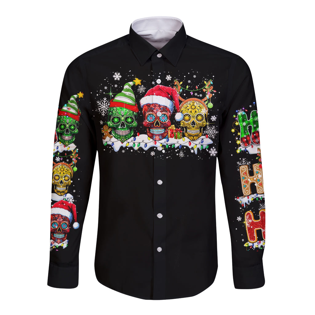 Skeleton Santa Claus Long Sleeve Button Shirt Sugar Santa Claus Ho Ho Ho - Wonder Print Shop