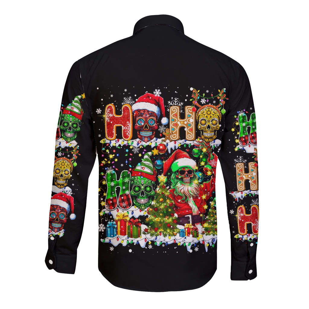 Skeleton Santa Claus Long Sleeve Button Shirt Sugar Santa Claus Ho Ho Ho - Wonder Print Shop