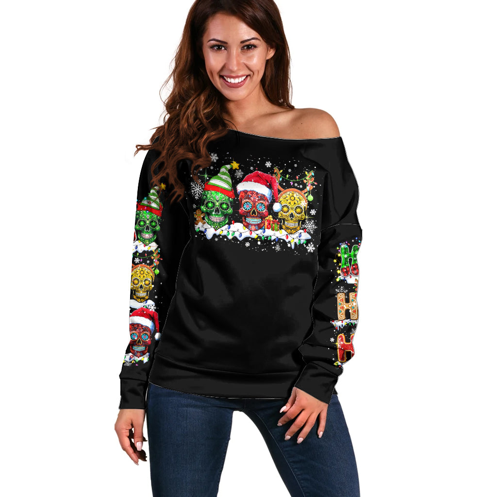 Skeleton Santa Claus Off Shoulder Sweater Sugar Santa Claus Ho Ho Ho - Wonder Print Shop