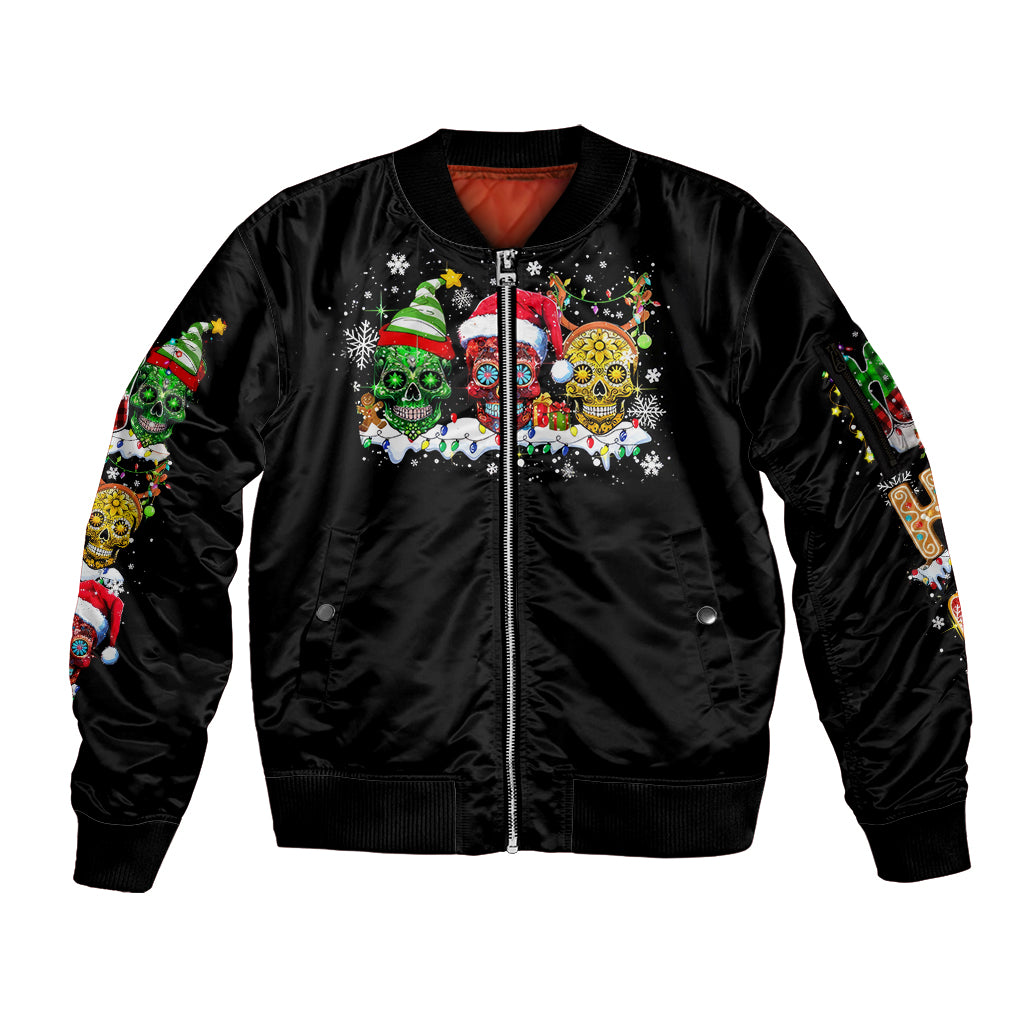 Skeleton Santa Claus Sleeve Zip Bomber Jacket Sugar Santa Claus Ho Ho Ho - Wonder Print Shop