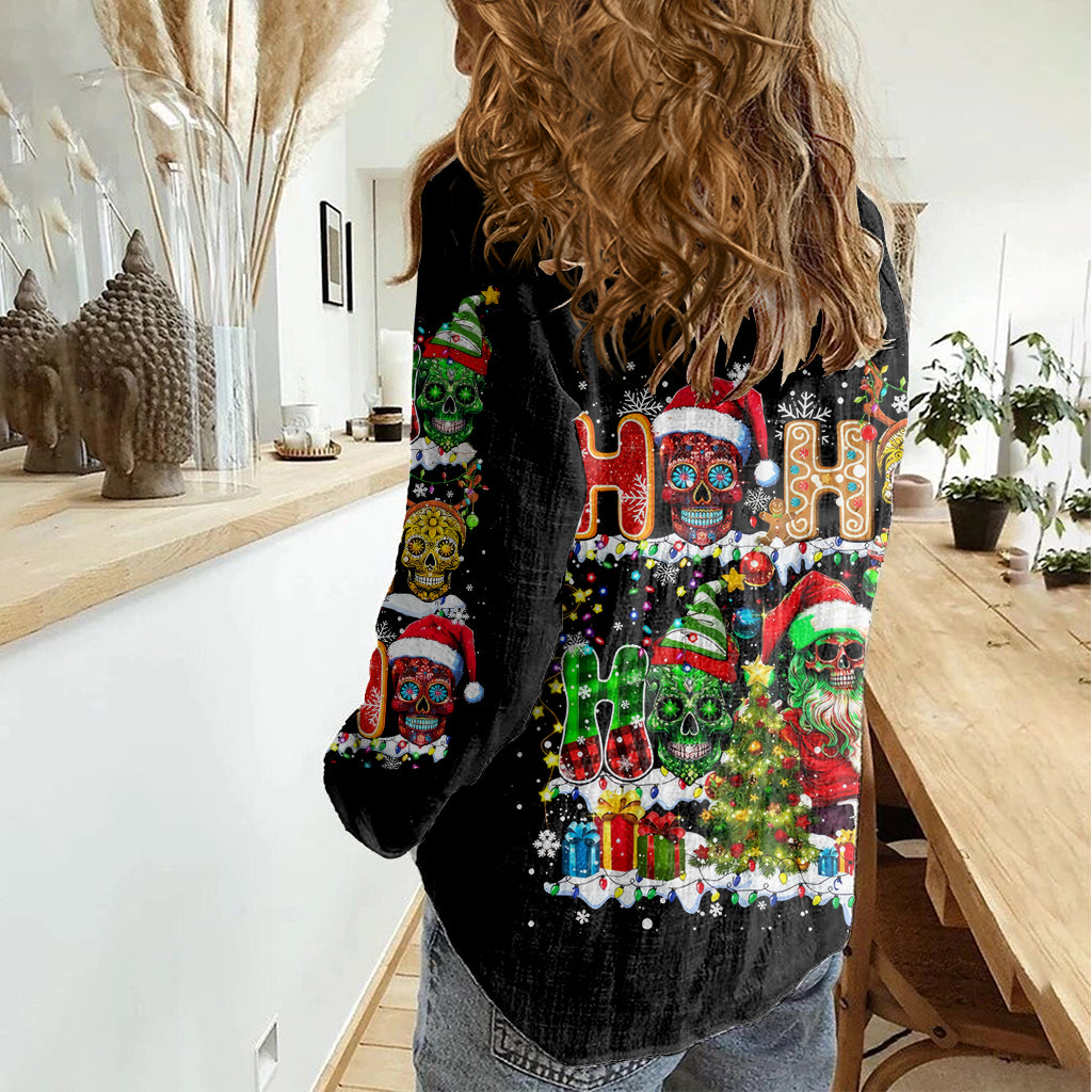 Skeleton Santa Claus Women Casual Shirt Sugar Santa Claus Ho Ho Ho - Wonder Print Shop