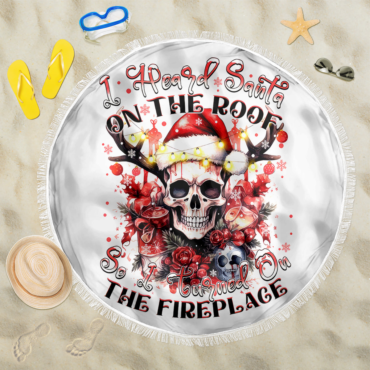 Skull Santa Claus Beach Blanket I Heard Santa On The Roof So I Turned On Fireplace - Wonder Print Shop