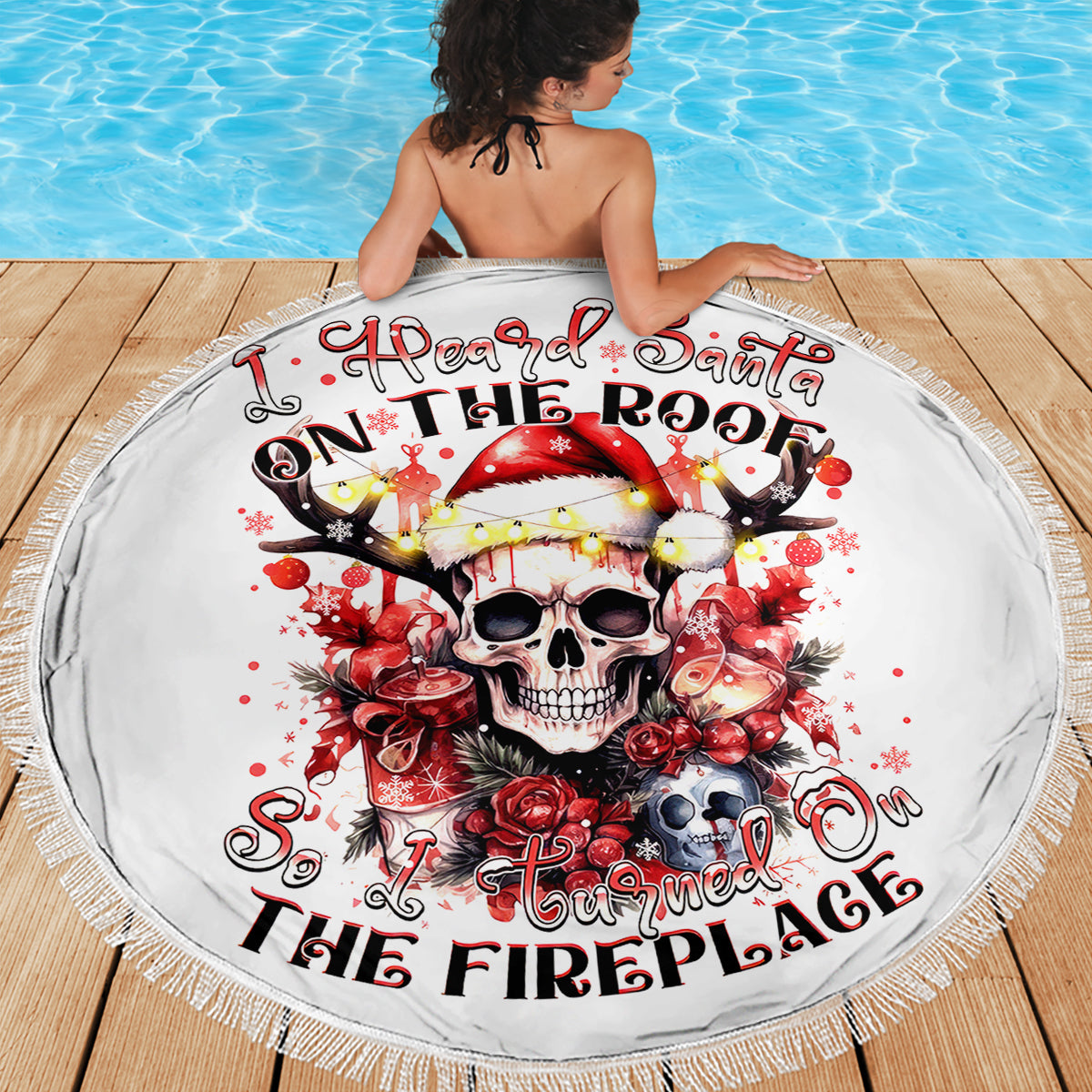 Skull Santa Claus Beach Blanket I Heard Santa On The Roof So I Turned On Fireplace - Wonder Print Shop
