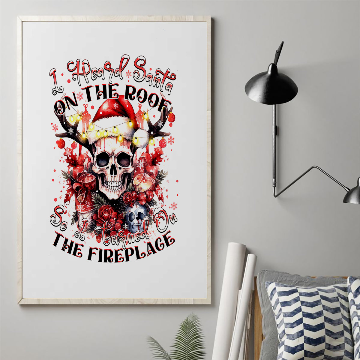 Skull Santa Claus Canvas Wall Art I Heard Santa On The Roof So I Turned On Fireplace - Wonder Print Shop
