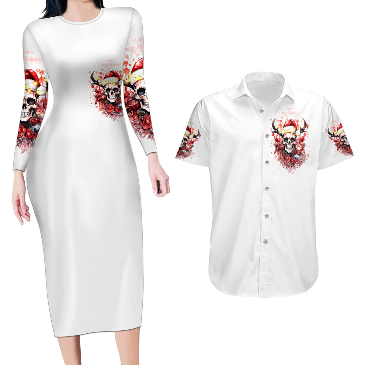 Skull Santa Claus Couples Matching Long Sleeve Bodycon Dress and Hawaiian Shirt I Heard Santa On The Roof So I Turned On Fireplace - Wonder Print Shop