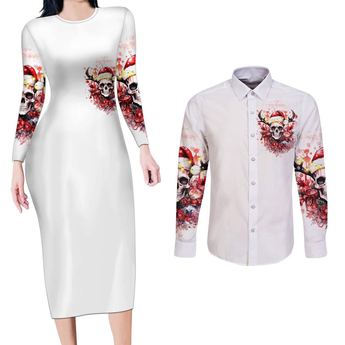 Skull Santa Claus Couples Matching Long Sleeve Bodycon Dress and Long Sleeve Button Shirt I Heard Santa On The Roof So I Turned On Fireplace - Wonder Print Shop