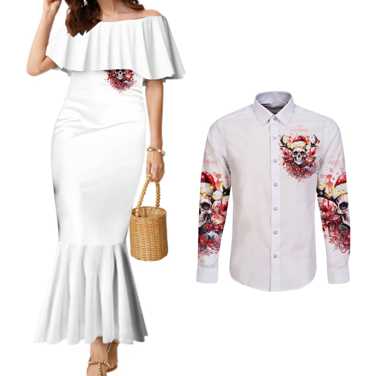 skull-santa-claus-couples-matching-mermaid-dress-and-long-sleeve-button-shirt-i-heard-santa-on-the-roof-so-i-turned-on-fireplace