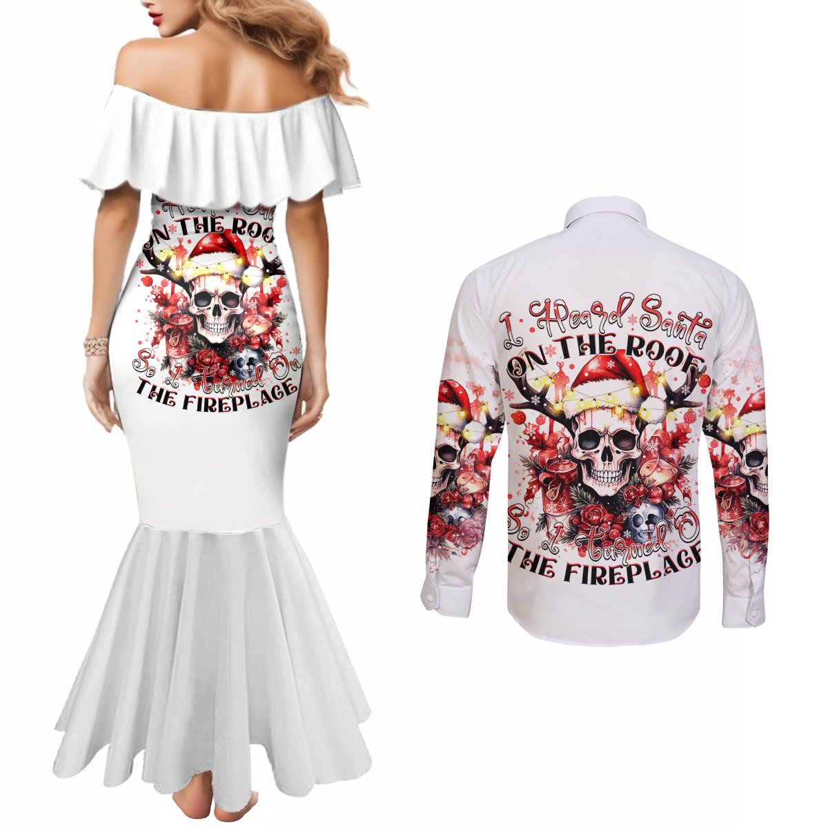 skull-santa-claus-couples-matching-mermaid-dress-and-long-sleeve-button-shirt-i-heard-santa-on-the-roof-so-i-turned-on-fireplace