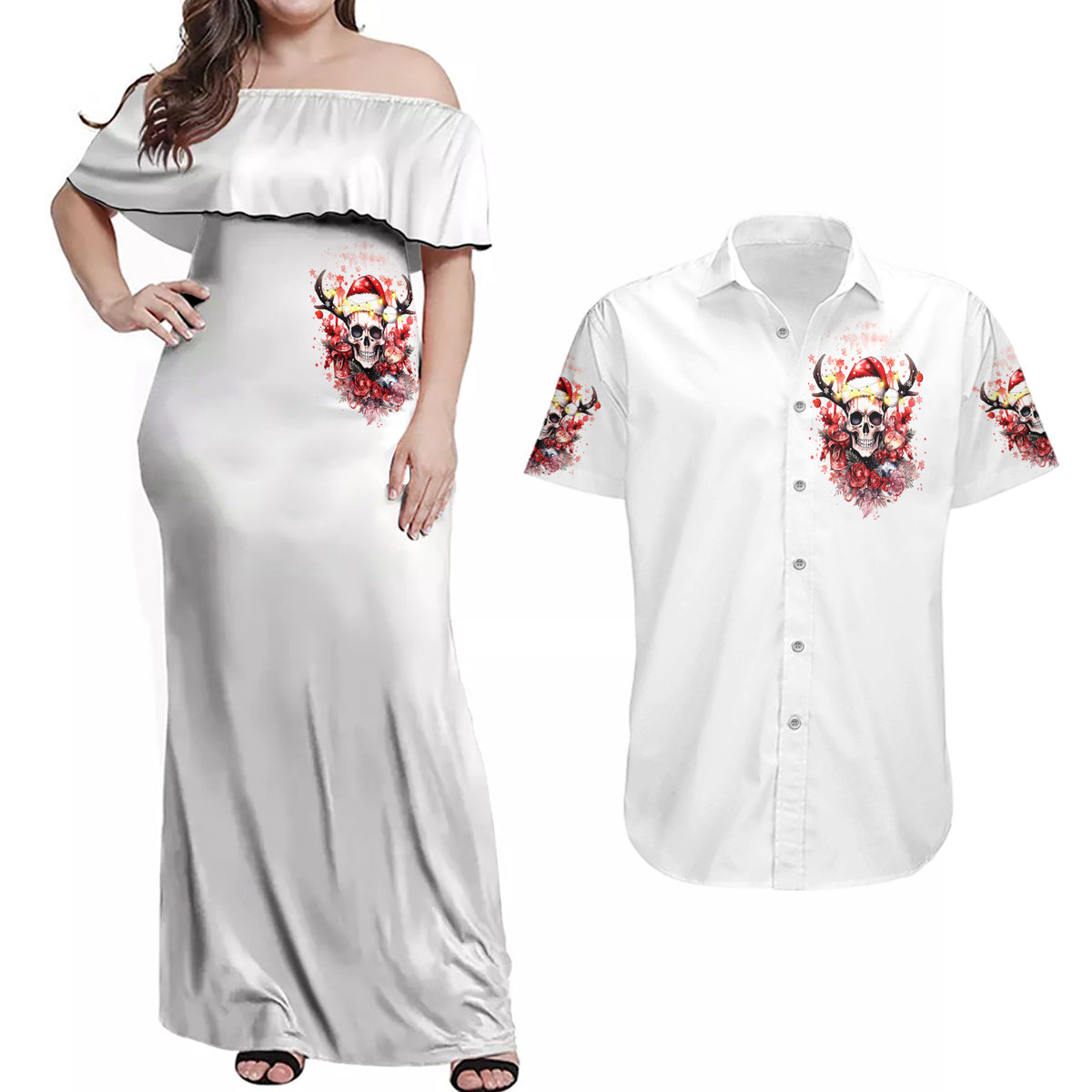 Skull Santa Claus Couples Matching Off Shoulder Maxi Dress and Hawaiian Shirt I Heard Santa On The Roof So I Turned On Fireplace - Wonder Print Shop