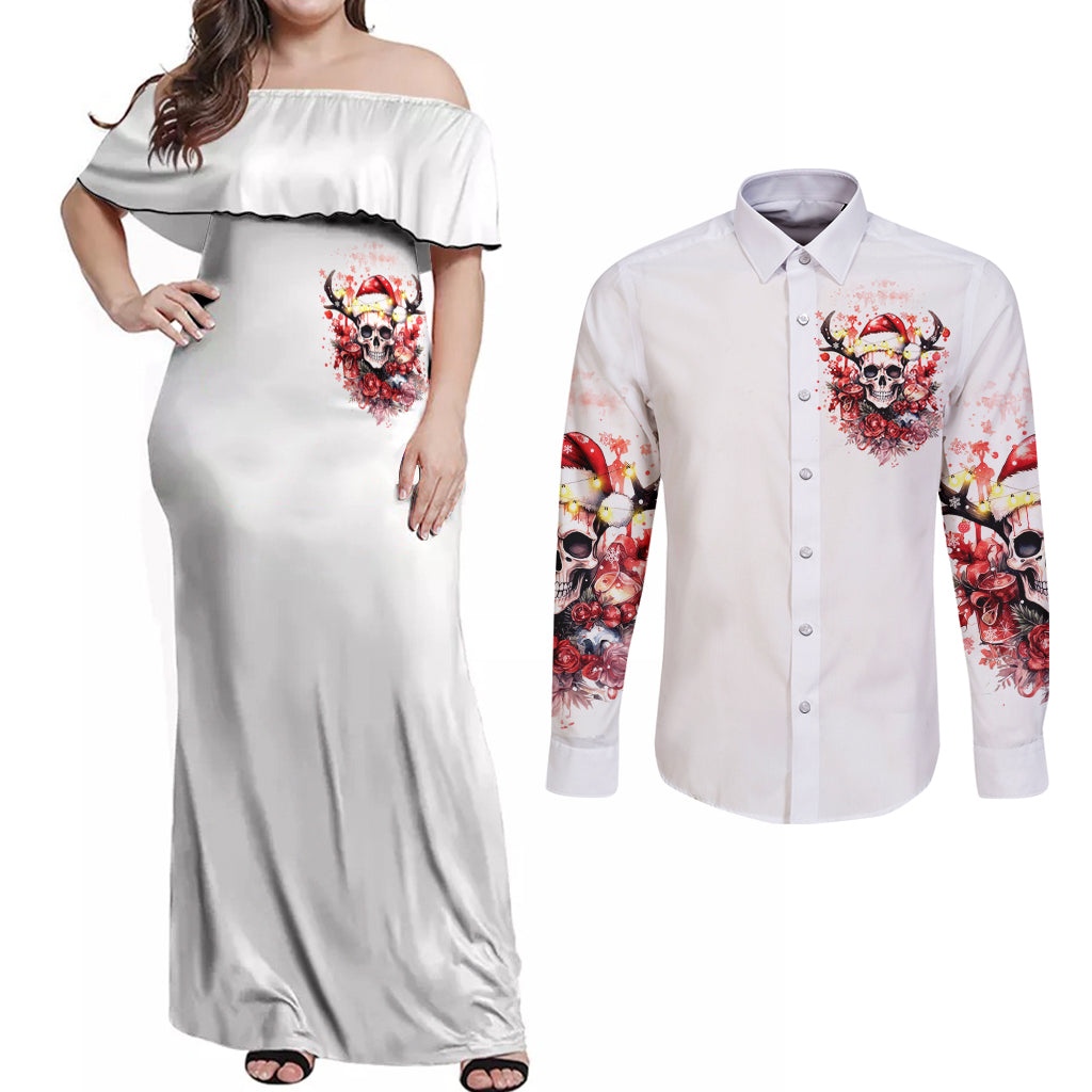 Skull Santa Claus Couples Matching Off Shoulder Maxi Dress and Long Sleeve Button Shirt I Heard Santa On The Roof So I Turned On Fireplace - Wonder Print Shop