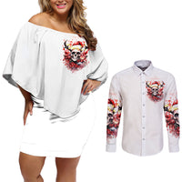 Skull Santa Claus Couples Matching Off Shoulder Short Dress and Long Sleeve Button Shirt I Heard Santa On The Roof So I Turned On Fireplace - Wonder Print Shop