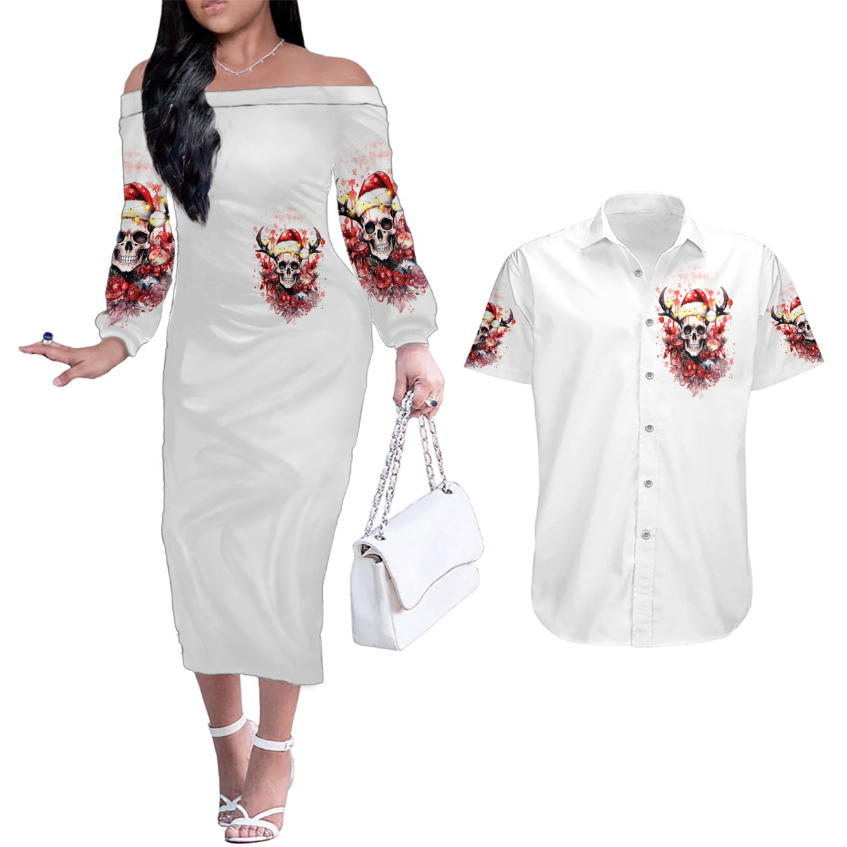 Skull Santa Claus Couples Matching Off The Shoulder Long Sleeve Dress and Hawaiian Shirt I Heard Santa On The Roof So I Turned On Fireplace - Wonder Print Shop