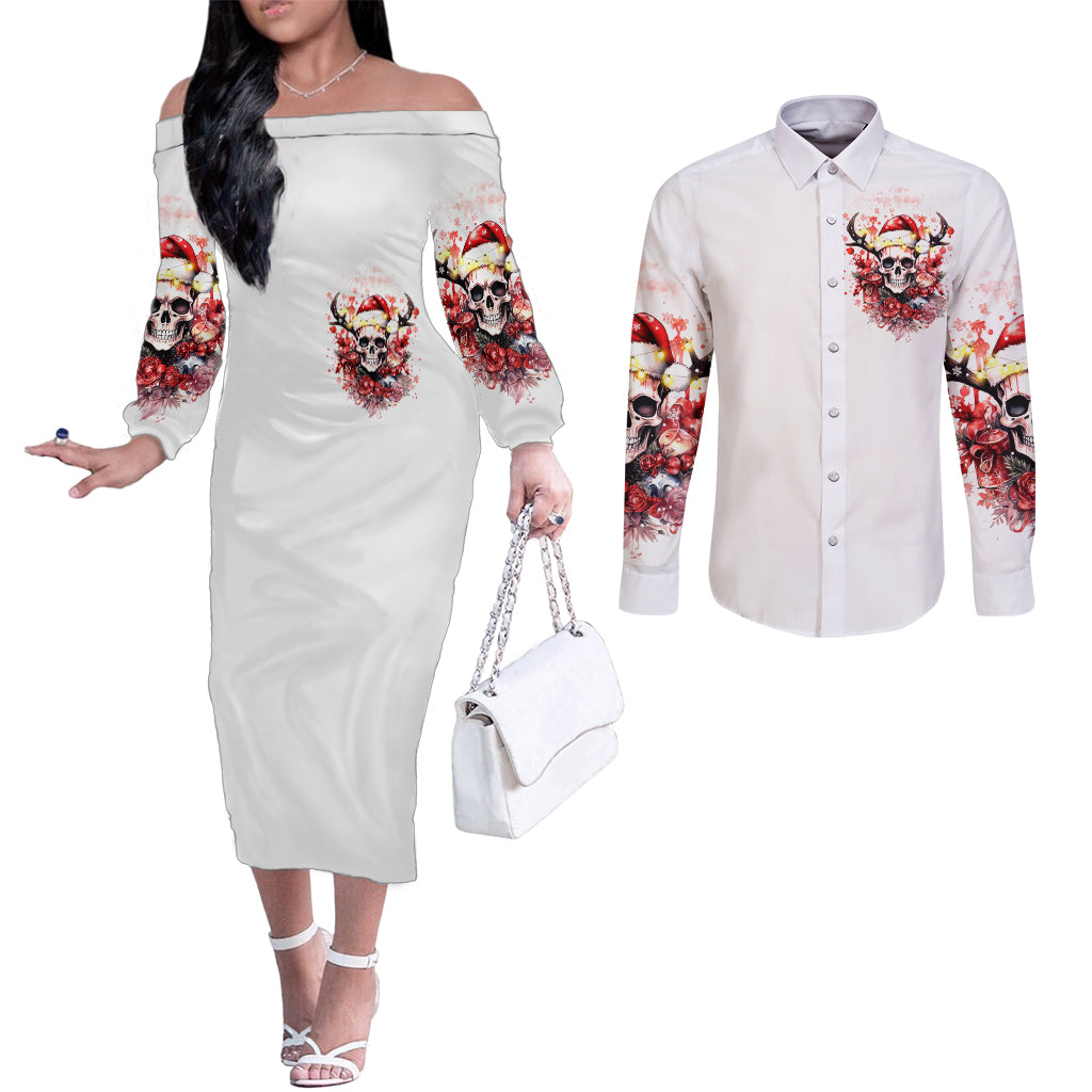 skull-santa-claus-couples-matching-off-the-shoulder-long-sleeve-dress-and-long-sleeve-button-shirt-i-heard-santa-on-the-roof-so-i-turned-on-fireplace