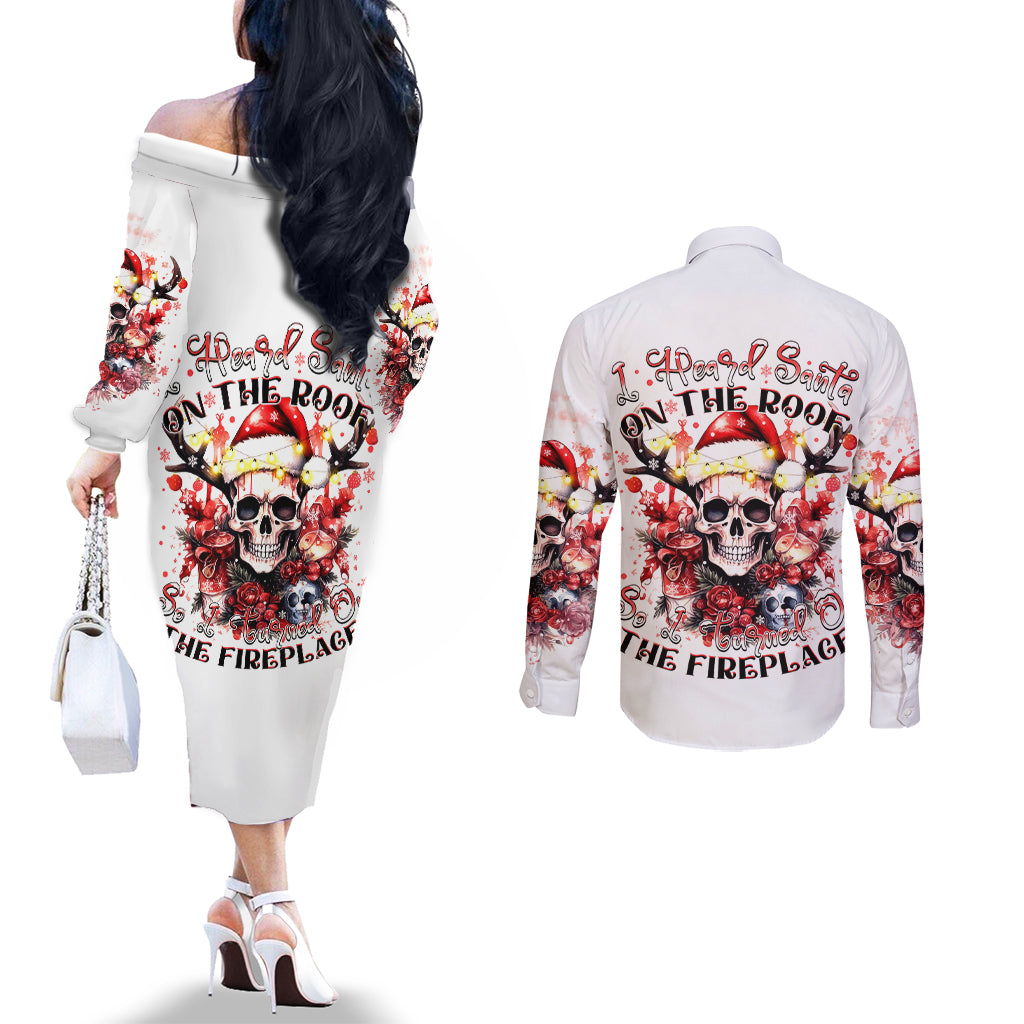 skull-santa-claus-couples-matching-off-the-shoulder-long-sleeve-dress-and-long-sleeve-button-shirt-i-heard-santa-on-the-roof-so-i-turned-on-fireplace