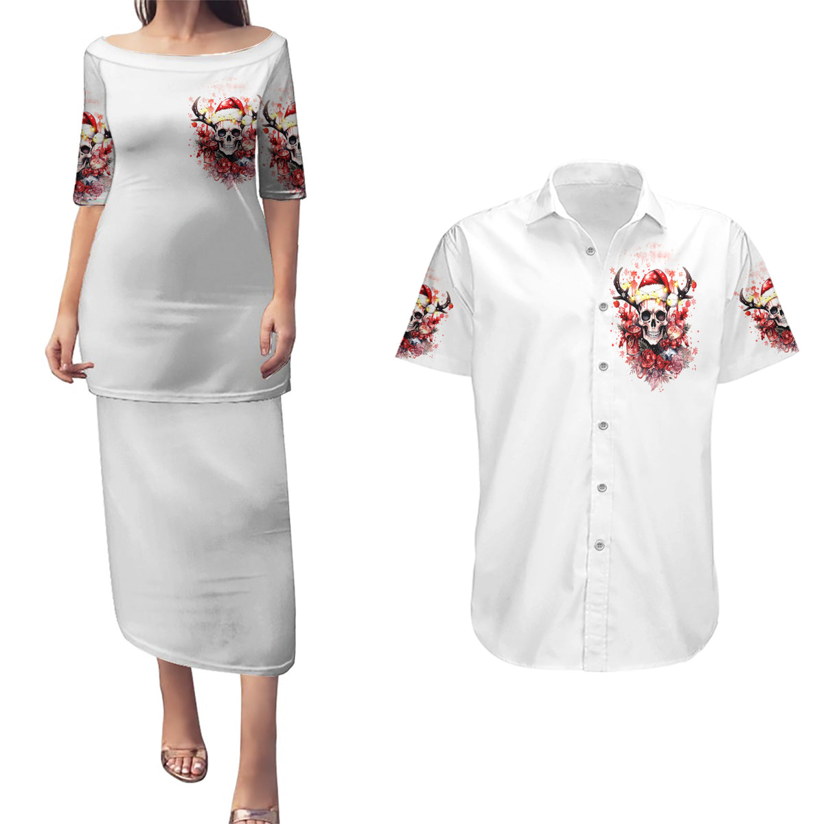 Skull Santa Claus Couples Matching Puletasi Dress and Hawaiian Shirt I Heard Santa On The Roof So I Turned On Fireplace - Wonder Print Shop